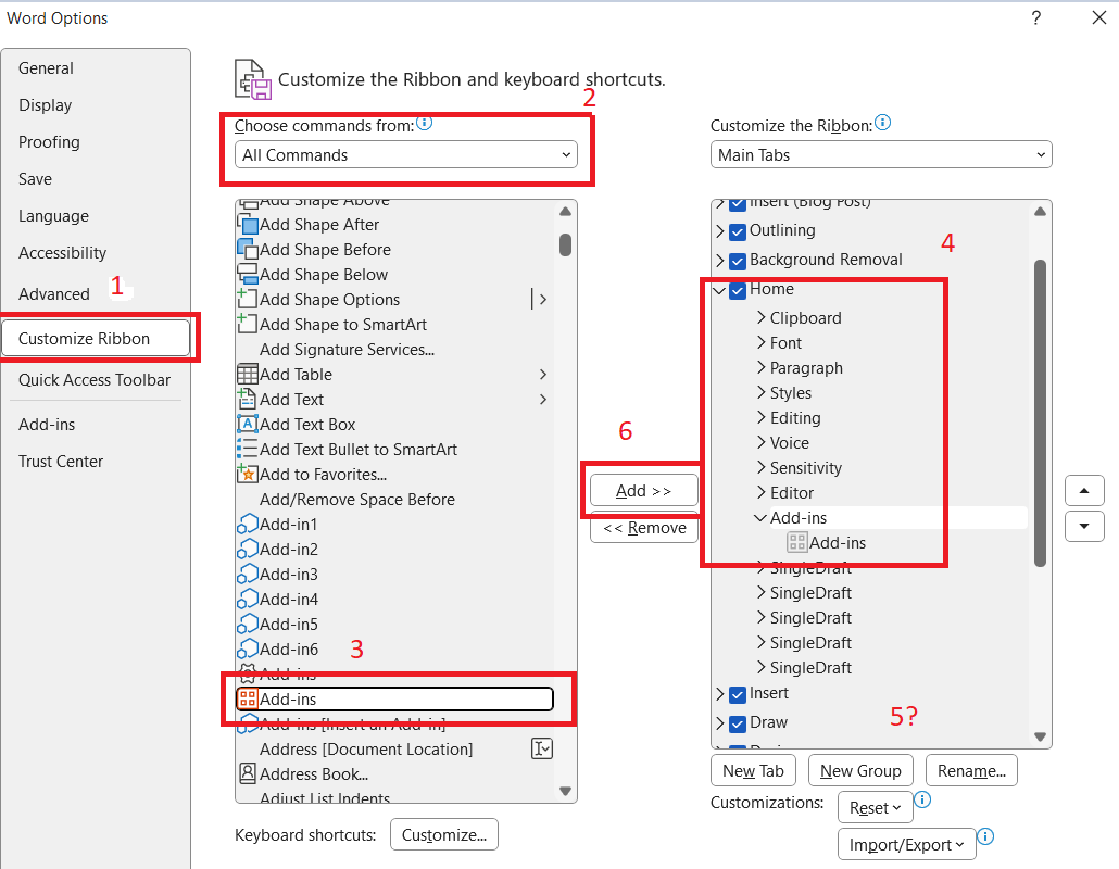 Customize ribbon options