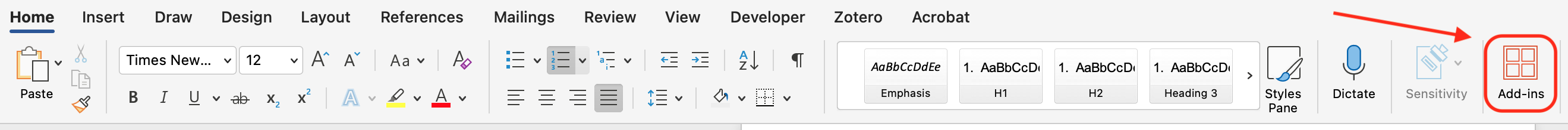 Home tab with Add-ins