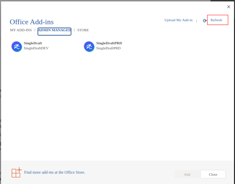 Refresh add-ins dialog